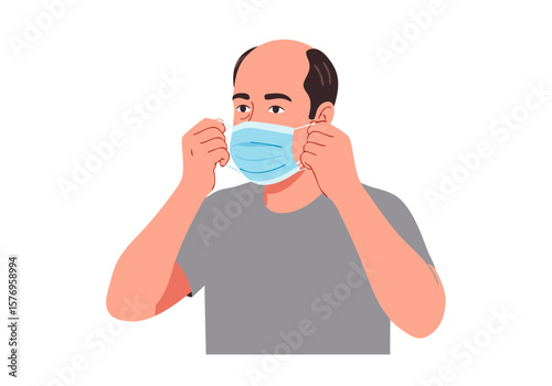 Minimalist Vector SVG Illustration of Man Putting on Face Mask in Flat Design Style with Neutral Colors for Health and Safety Campaigns