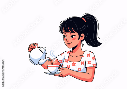 Minimalist Vector SVG Illustration of Girl Pouring Tea in Flat Design Style with Soft Colors for Web and Digital Media