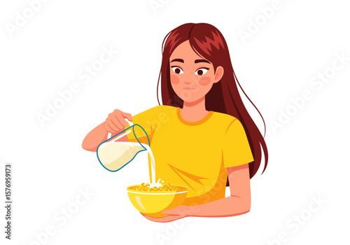 Minimalist Flat Vector SVG Illustration of Girl Pouring Milk into Bowl in Bright Colors Modern Flat Style