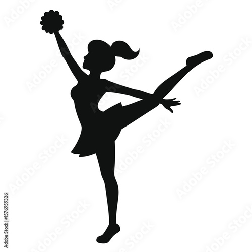Dynamic cheerleader silhouette in action performing a high kick with a pom pom vector illustration