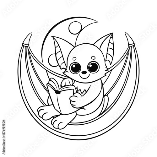 A baby bat reading Halloween storybook in moon hammock kids coloring book Vector illustration