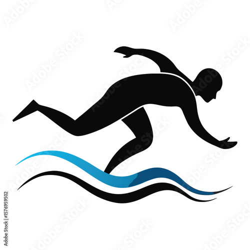 Dynamic silhouette illustration depicting a swimmer engaging in competitive swimming strokes on white background