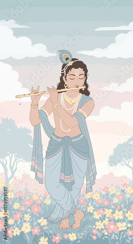  Lord Krishna Playing Flute in Serene Vrindavan Landscape Illustration