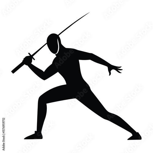 Dynamic silhouette of a fencer in action with sword and protective headgear posing for attack