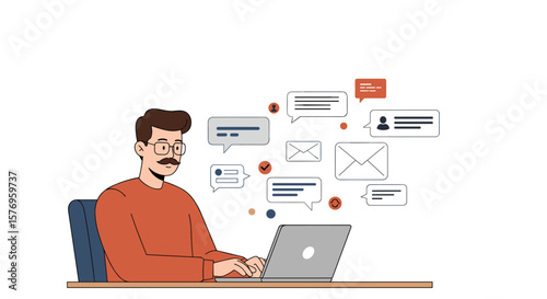 Man typing on laptop with social media interactions and notifications in minimalist style