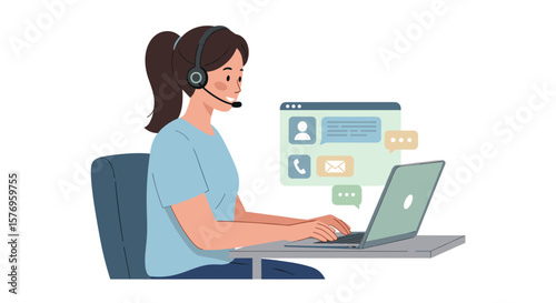 Customer support agent with headset working on laptop in modern office setting