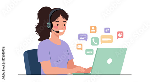 Woman customer service representative working on laptop in modern flat design