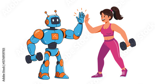 Robot and woman high five in fitness collaboration cartoon scene