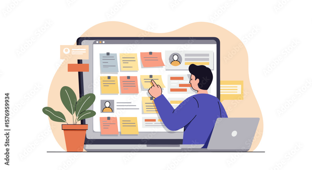 Fototapeta premium Digital task management concept with notes and laptop in a minimalist workspace