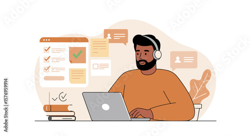 Remote work scenario: flat design of man engaged in online meeting with laptop