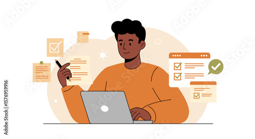Young professional working on laptop with documents and checklists in modern workspace