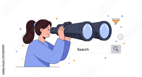 Woman searching with binoculars in modern flat design
