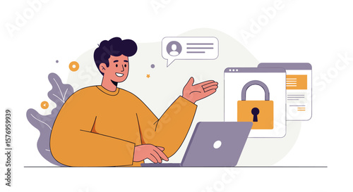 Person using laptop for secure login with chat communication and online security icons