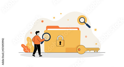 Secure file access concept with folder, magnifying glass, and key in flat design
