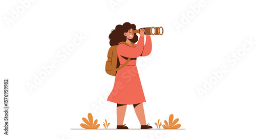 Woman exploring with telescope in nature, flat design adventure scene