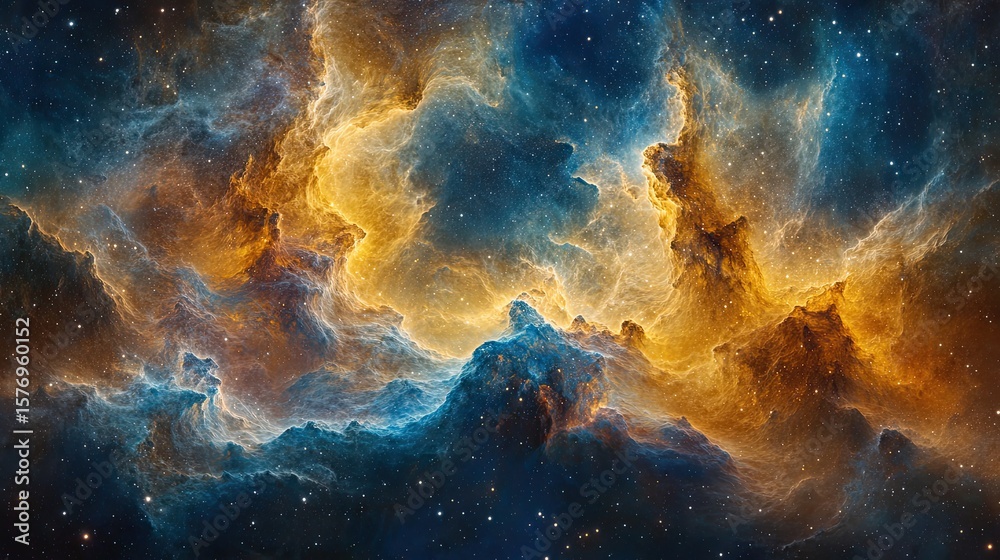 Fototapeta premium Celestial nebulae in vibrant hues of gold and azure.