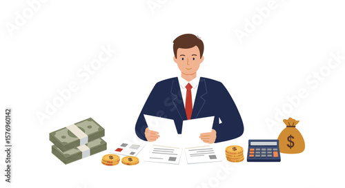 Businessman analyzing financial documents with money and calculator