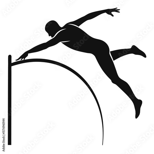 Dynamic silhouette of an athlete performing pole vaulting over a curved bar during competition