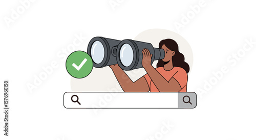 Search concept with woman using binoculars and check mark symbol