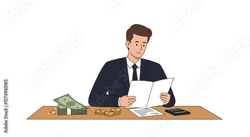 Business analyst reviewing financial documents at desk with cash and coins