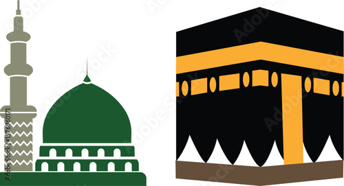Kaaba, Mecca and Madina Pak icon set Islamic sacred Masjid-Al-Haram isolated on transparent background. Mosque Kingdom of Saudi Arabia use for islamic logos, web, app, and other social media website.