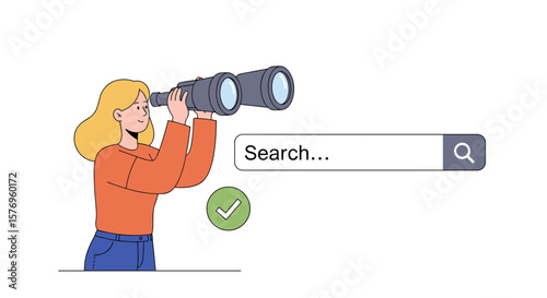 Woman searching with binoculars and search bar: concept of online exploration