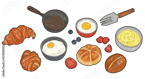 Colorful breakfast spread with croissants, fried eggs, and fresh ingredients