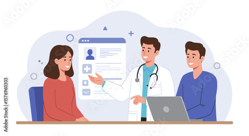 Friendly medical consultation with doctor and patients in modern flat style