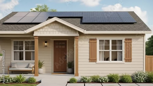 Modern Single Family Home with Solar Panels on Roof Front Yard Landscaping