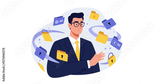 Businessman navigating digital security with files and locks in flat design