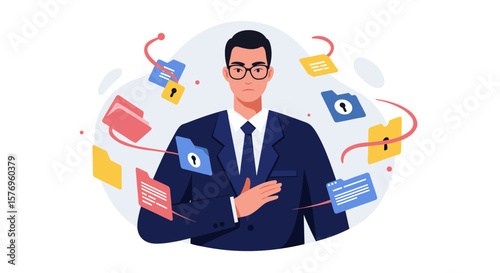 Business professional with data security icons in modern flat style