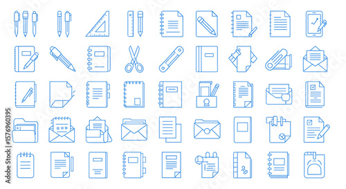 Essential office supplies set in blue line art style