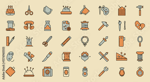 Craft and sewing icons collection: simple linear design for diy projects
