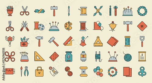 Colorful sewing and crafting tools set in modern flat design