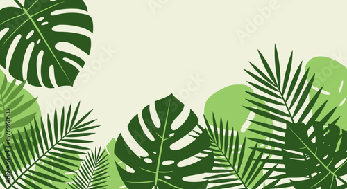 Tropical jungle background with lush green foliage on light cream canvas