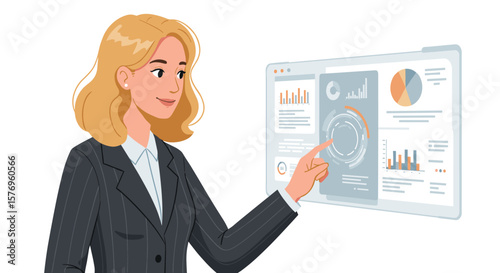 Female professional analyzing interactive data dashboard in modern office setting