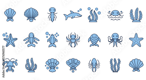 Charming sea life icons collection featuring whales, dolphins, starfish, and seashells