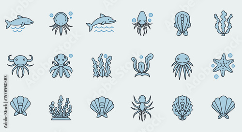 Minimalist ocean marine life icons set in blue tones