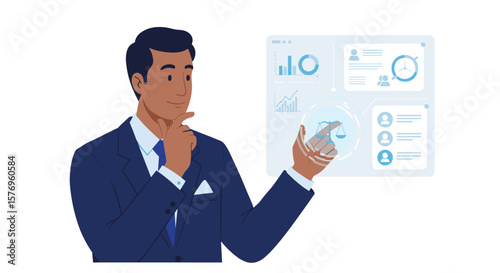 Businessman analyzing virtual dashboard with data charts and graphs