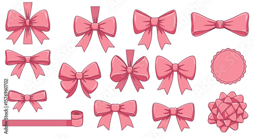 Collection of pink bows and ribbons in cartoon style