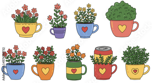 Charming tea cup planters with vibrant flowers in playful cartoon style