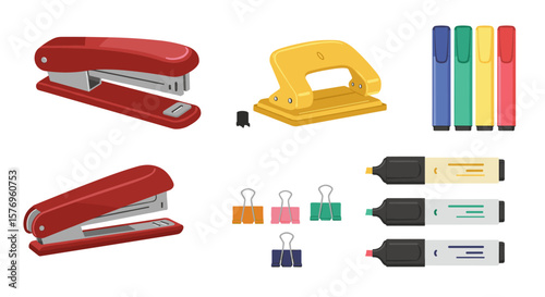 Essential office supplies: stapler, hole punch, highlighters, and clips