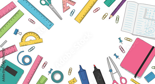 Colorful school supplies border on white background with scissors, rulers, and notebooks