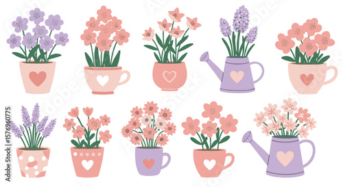 Charming floral arrangements in pastel pots with heart designs
