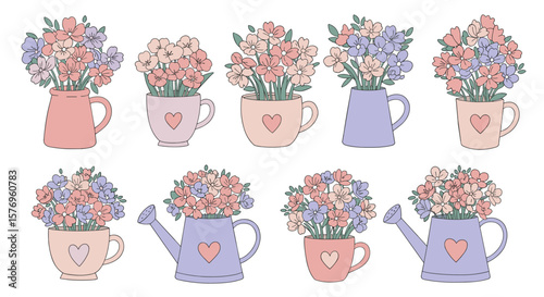 Pastel floral arrangements in cute ceramic and watering can vases