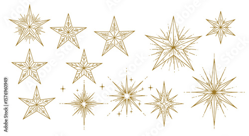 Elegant collection of geometric golden stars with ornamental designs