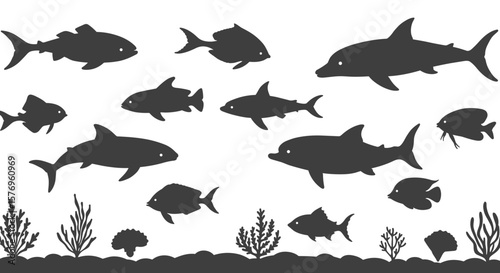 Silhouette sea life with sharks and fish over coral reef