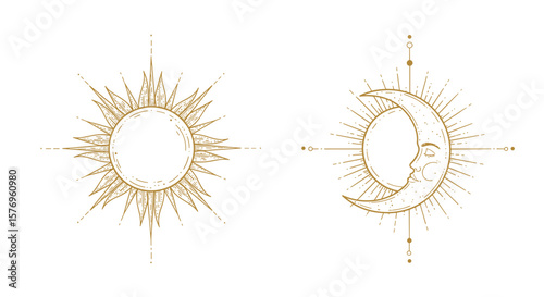 Golden sun and moon line art with geometric details on white background