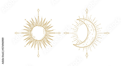 Elegant minimalist sun and moon line art on white background
