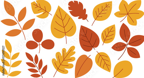 Colorful autumn leaves pattern with bold flat design in warm shades